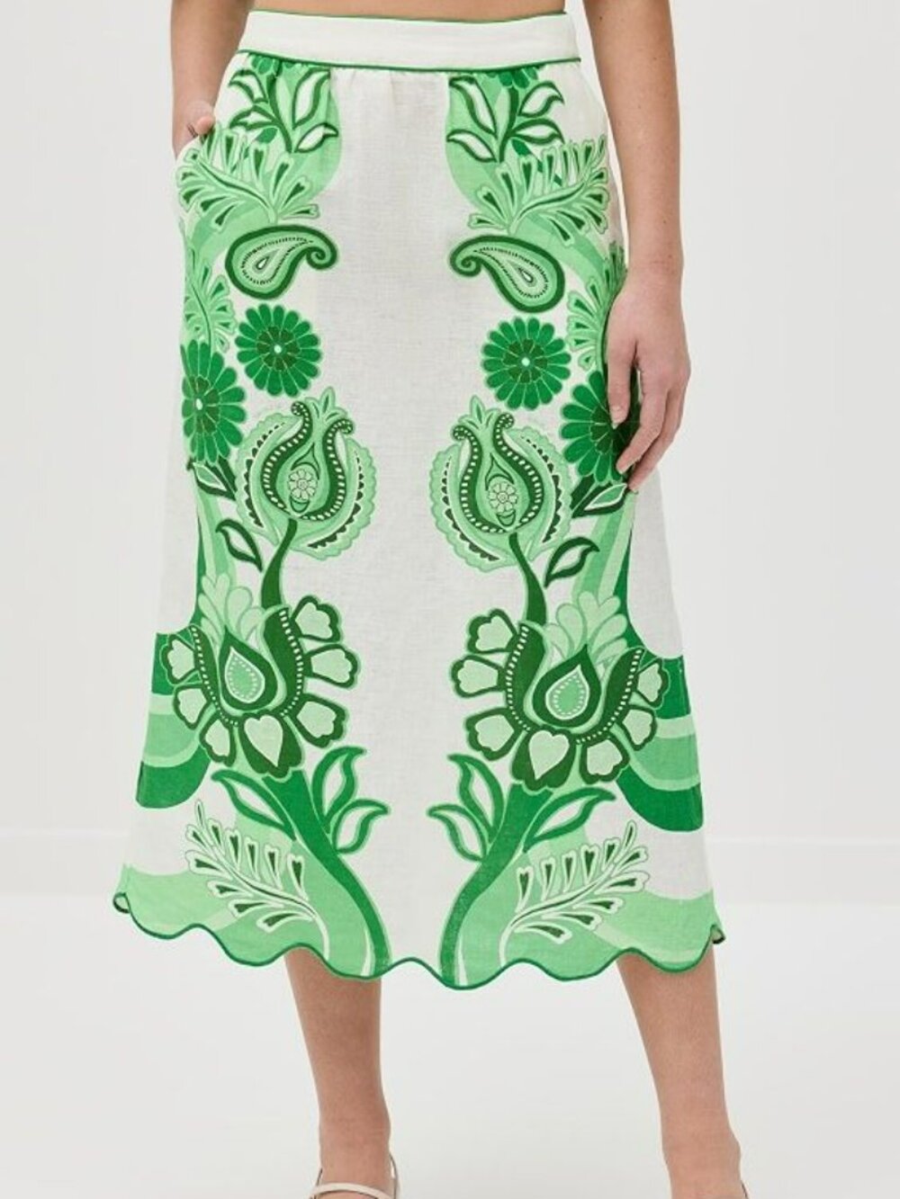 FARM Rio 100% Linen Color Festival Green Midi Skirt Size L NWT - Picture 1 of 13